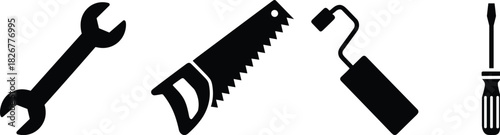 Hand tool icon set, black silhouettes, vector DIY graphics, wrench, saw, roller, screwdriver, construction and repair symbols