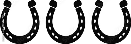 Horseshoe icon set, lucky symbols, vector illustration, black horseshoes, minimal design, equestrian theme, nail hole detail, graphic elements