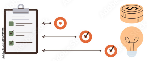 Checklist clipboard, target icons, light bulb for ideas, coin stack symbolizing finance or success. Ideal for productivity, planning, goal setting, innovation, strategy efficiency business focus