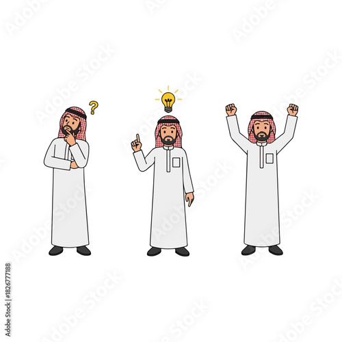 Arab Man Thinking, Idea, and Celebrating Success in Traditional Dress.
