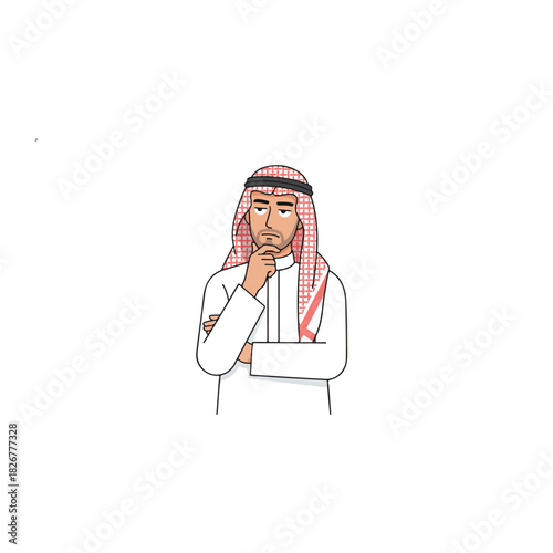 Pensive Arab Man in Traditional Attire Contemplating with Hand on Chin.