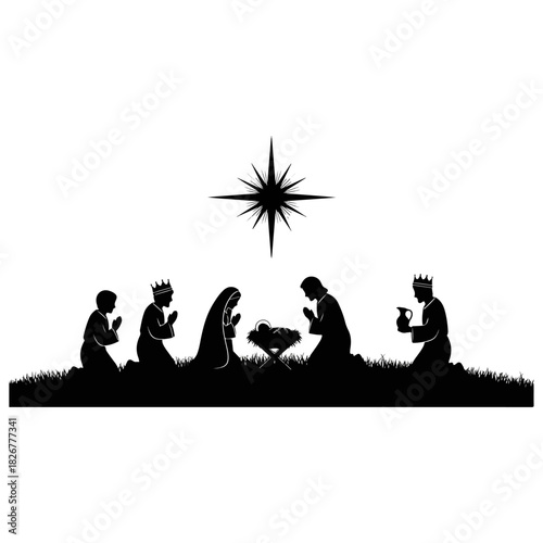 Silhouette Nativity Scene with Three Wise Men and Star.