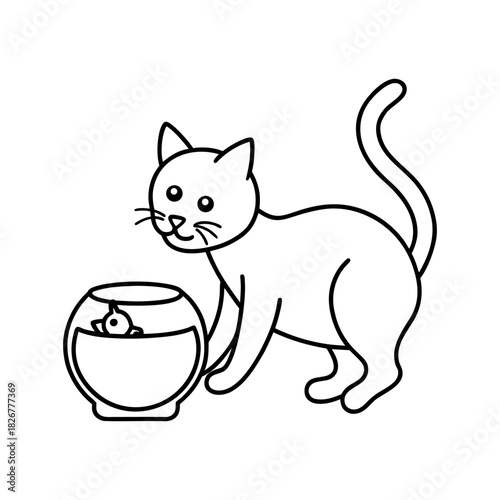 Cat Playing With Fish Bowl Outline Minimal And Simple White Background Only