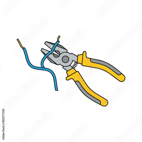 Illustration of pliers cutting a blue electrical wire.