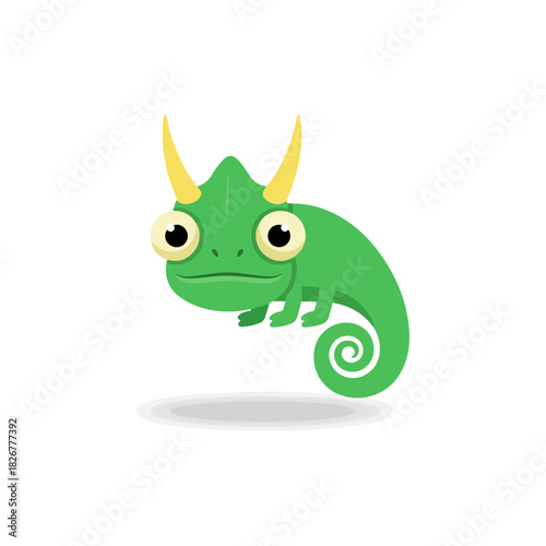Cartoon Green Chameleon with Yellow Horns and Big Eyes.