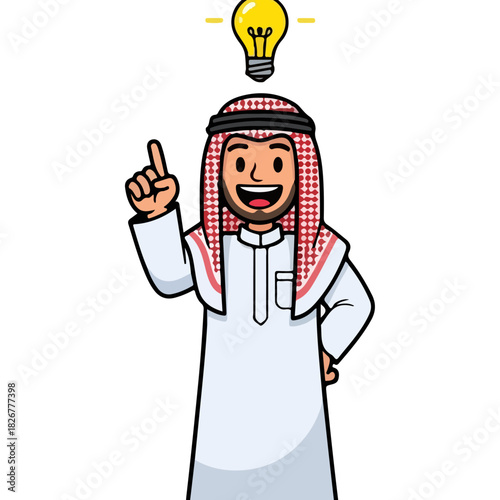 Cartoon Arab Man with Idea Light Bulb Above Head.