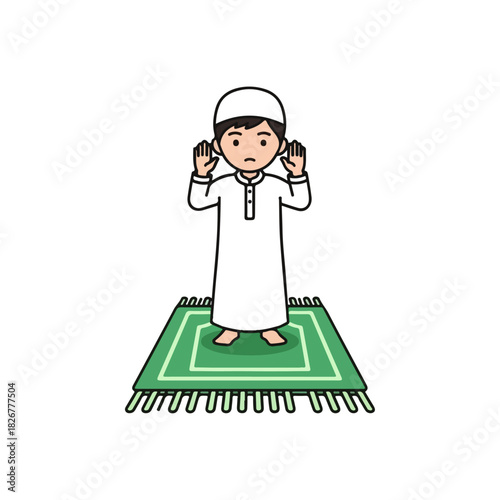 Illustration of a Muslim boy praying on a prayer rug.