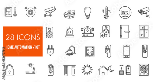 Comprehensive collection of line art icons depicting smart home automation technology and internet of things devices for modern living, illustrating digital connectivity and efficient residential