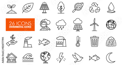 Comprehensive collection of environmental science line icons showcasing nature, renewable energy, climate change, and pollution for sustainable living and ecological awareness