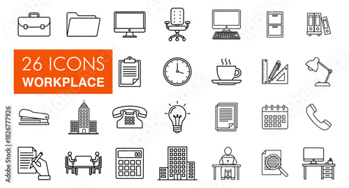 Essential vector collection of professional business and office workplace icons illustrating modern work environment elements, tools, and productivity concepts for contemporary design solutions