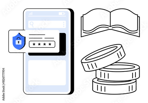 Smartphone with secure password shield, stacked coins, open book. Ideal for security, technology, finance, education, online learning economy digital privacy themes. Simple flat metaphor