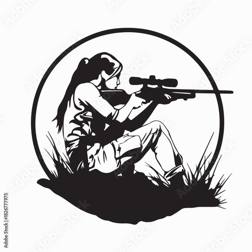 Woman Hunter Sitting Position Aiming Target Image Vector