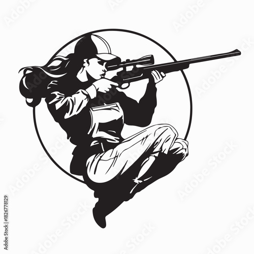 Woman Hunter Sitting Position Aiming Target Image Vector