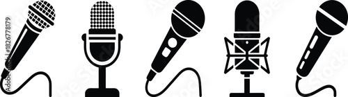 Microphone icon set, audio symbol, podcast tool, music equipment, sound recording, studio mic, vector graphic, black silhouette, communication device, isolated design