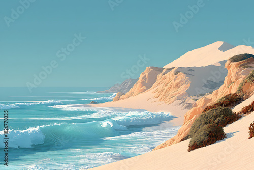 Serene Coastal Landscape with Sandy Cliffs and Turquoise Waves for Nature Prints