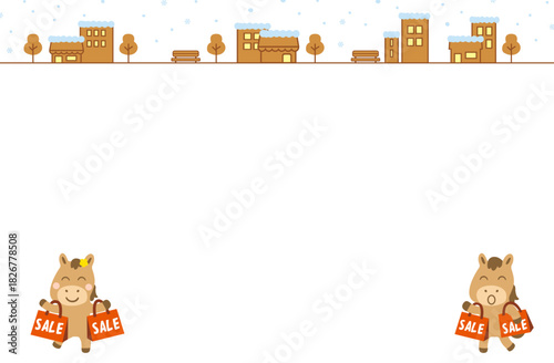 雪の街と馬キャラのショッピングSALEフレーム