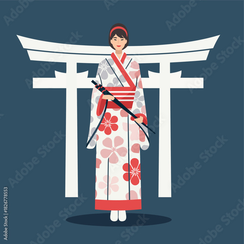 Vector illustration of angelic and human figures including a man with a fan blended with themes of fashion religion and traditional clothing