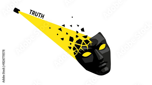 A dramatic illustration of a black mask with a yellow beam labeled 'TRUTH' breaking through a web pattern against a clean white background.