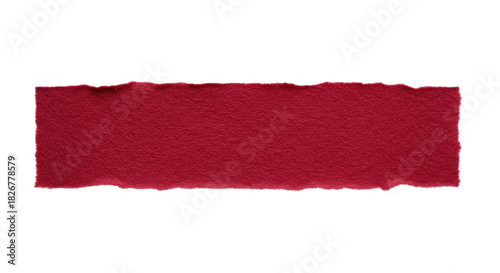 A horizontal crimson red felt strip with ripped frayed edges isolated on a white background with a subtle shadow and copy space. Concept of raw artisanal texture