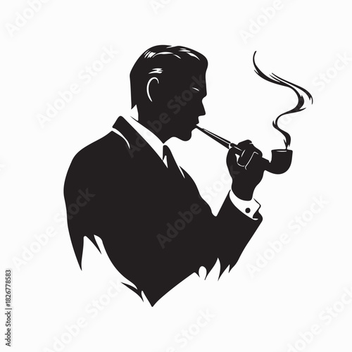 Silhouette of Man Smoking Pipe on a White Background 