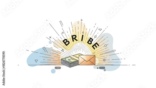 Illustration of a bribe concept with a money bill and an envelope surrounded by explosive lines and shapes in a colorful graphic design on a white background.