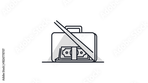 A line drawing of a briefcase with money and a diagonal line through it on a white background.