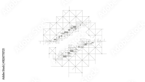 A technical drawing of a complex geometric pattern with intersecting lines and shapes on a white background, showcasing a detailed architectural or engineering design.