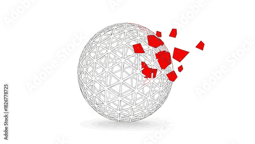 Wireframe sphere with red fragments breaking off against a white background with a geometric pattern.