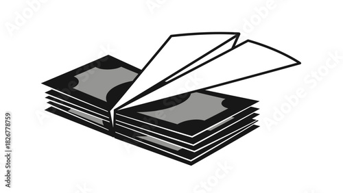A stack of papers with some sheets fanned out on top against a plain white background in a simple line drawing style.