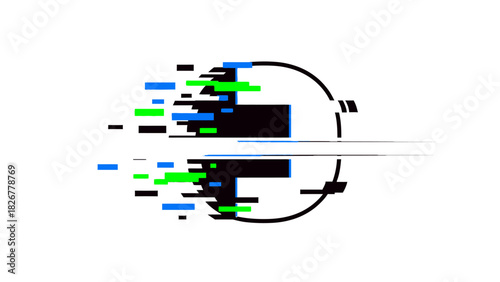 Glitchy digital art piece with distorted black, green, and blue pixels on a white background, showcasing a futuristic and technological aesthetic with a chaotic mood.