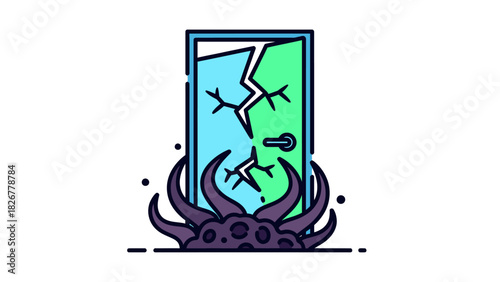 A graphic illustration of a smartphone screen with a cracked display on a dark purple base with a white background.