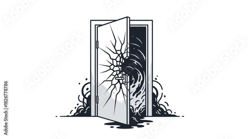 Illustration of a cracked glass door opening with a wave of liquid splashing out against a white background with a monochromatic color scheme and a sense of dynamic movement.