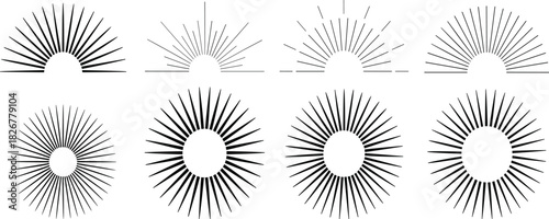 Radial burst icon set, sunburst and starburst designs, vector symmetry graphics, semicircle and circular patterns, black line illustrations