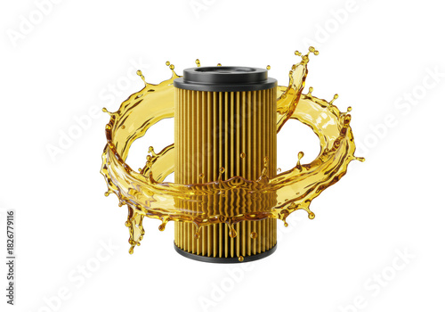 A golden pleated oil filter cartridge suspended on a white background in a powerful vortex of splashing motor oil and droplets. Concept of fluid dynamics and filtration
