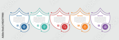 5 elements infographic comparison diagram with big shield with circle badge cut on bottom on horizontal direction with 5 step for slide presentation