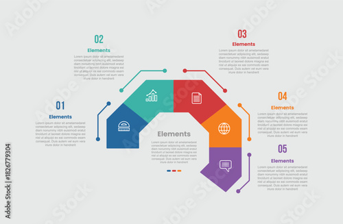 5 elements infographic comparison diagram with slice cut octagon with description spreading around with 5 step for slide presentation