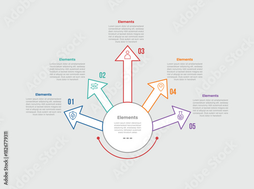 5 elements infographic comparison diagram with big circle center with long arrow top direction spreading all top direction with 5 step for slide presentation