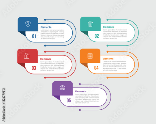 5 elements infographic comparison diagram with round rectangle with badge ribbon on top side with 5 step for slide presentation