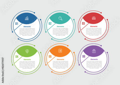 6 elements infographic comparison diagram with big circle and badge on top with dot line cut with 6 step for slide presentation