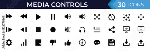 Media controls icon set of playback buttons audio volume navigation fullscreen streaming interaction interface symbols multimedia settings outline illustration