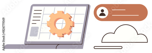 Laptop displaying gear settings over a grid interface, user profile details, and a cloud connection. Ideal for technology, software, cloud computing, user management, workflow, innovation simple
