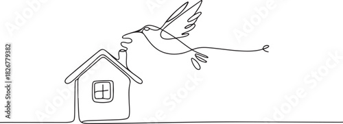 A single line drawing shows a hummingbird flying from a house chimney and ending elegantly