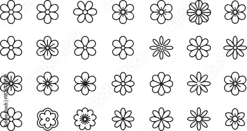 Array of various flower outlines with diverse petal and center designs creates a patterned background
