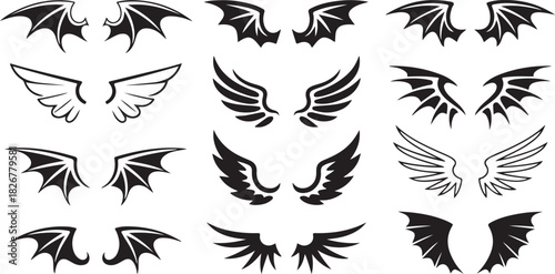 Assorted wings showcase variations of angel, demon, and bat, all in black on white