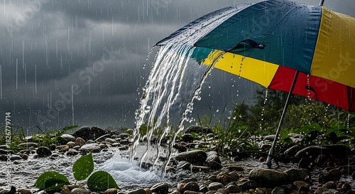 Vibrant umbrella catches torrential rain turning into a stream creating a peaceful, stormy landscape perfect for rainy day reflections and tranquil moments