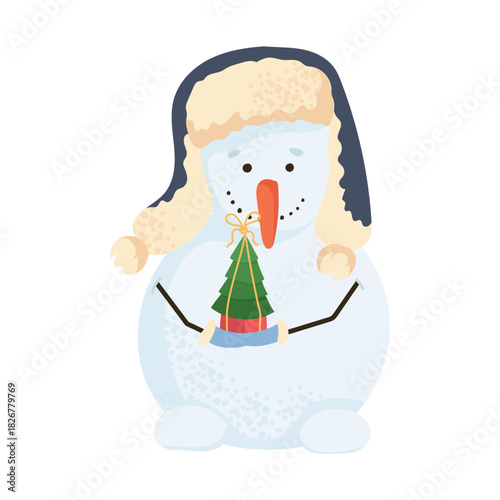 Adorable cartoon snowman in warm winter ushanka hat holding tiny Christmas tree. Cozy and sweet holiday character perfect for festive cards, prints and seasonal design Holiday flat vector illustration