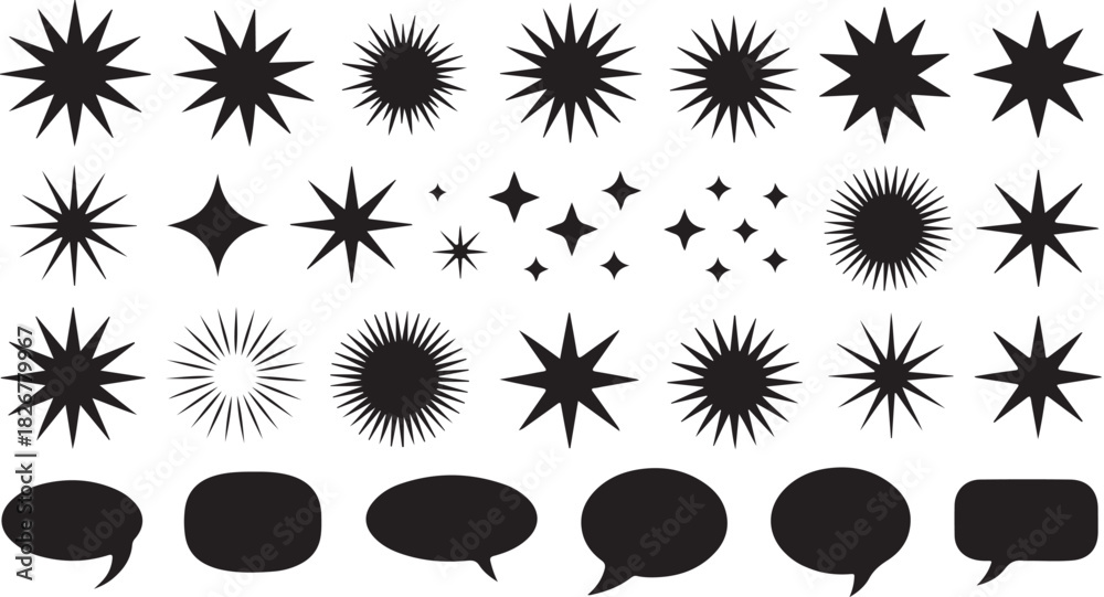 Fototapeta premium Black stars and speech bubbles form a element collection with diverse shapes