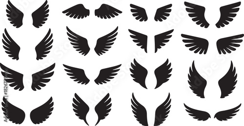 Black wing silhouette collection shows an assortment of open, feathery symmetrical designs over a white background