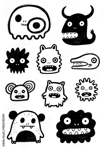Massive collection of weird hand-drawn B&W cartoon monster doodles. Funny imaginary creature faces with spooky horns, sharp teeth, bizarre shapes. Ideal for scary holiday designs