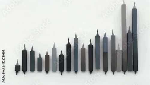 Abstract 4K animation showcasing a stylized graphic representation of a bar chart that features a significant downward trend line visually communicating a concept of decline or decrease in data